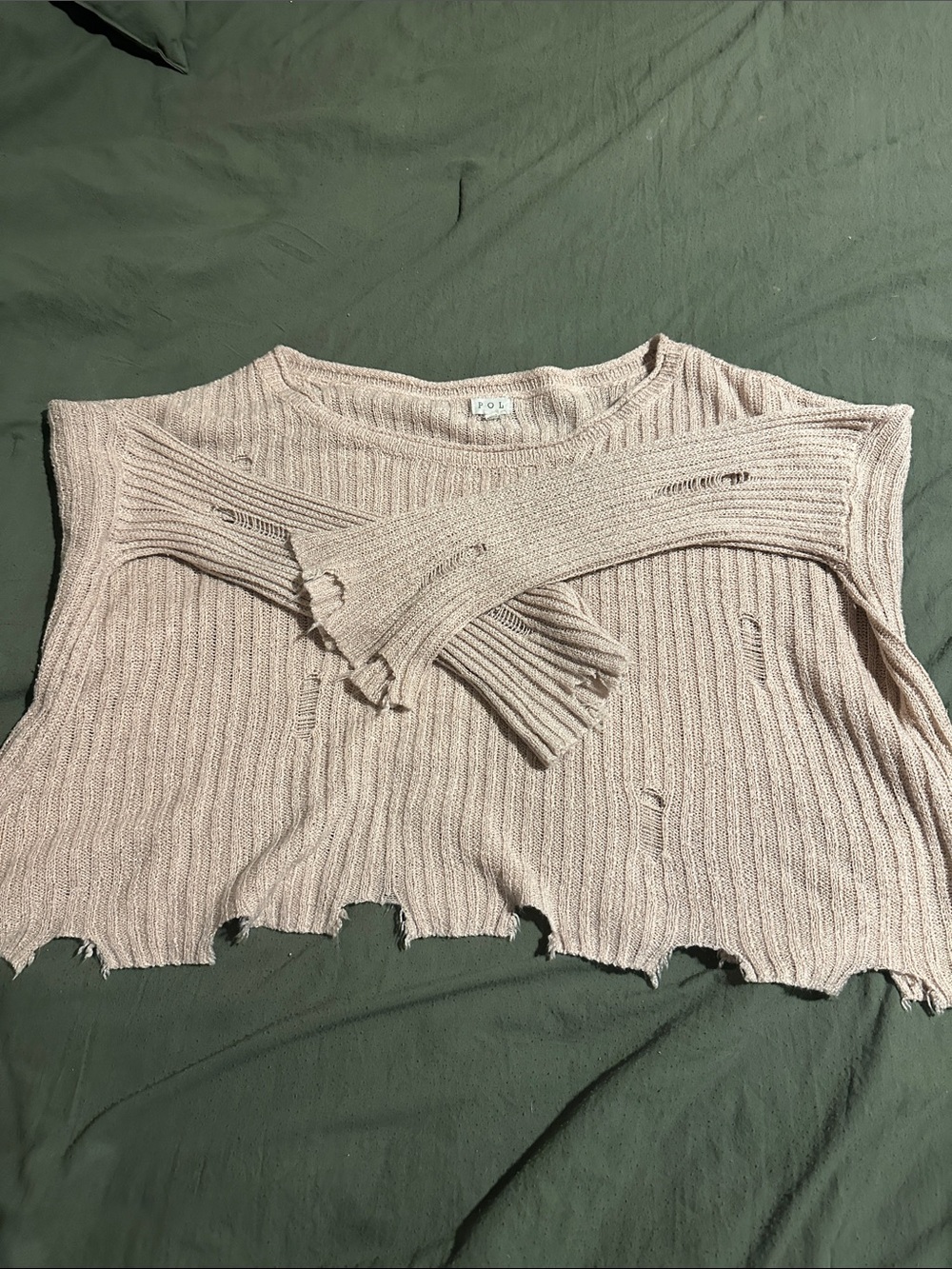 POL Distressed Ribbed Crewneck Sweater in Pale Pink